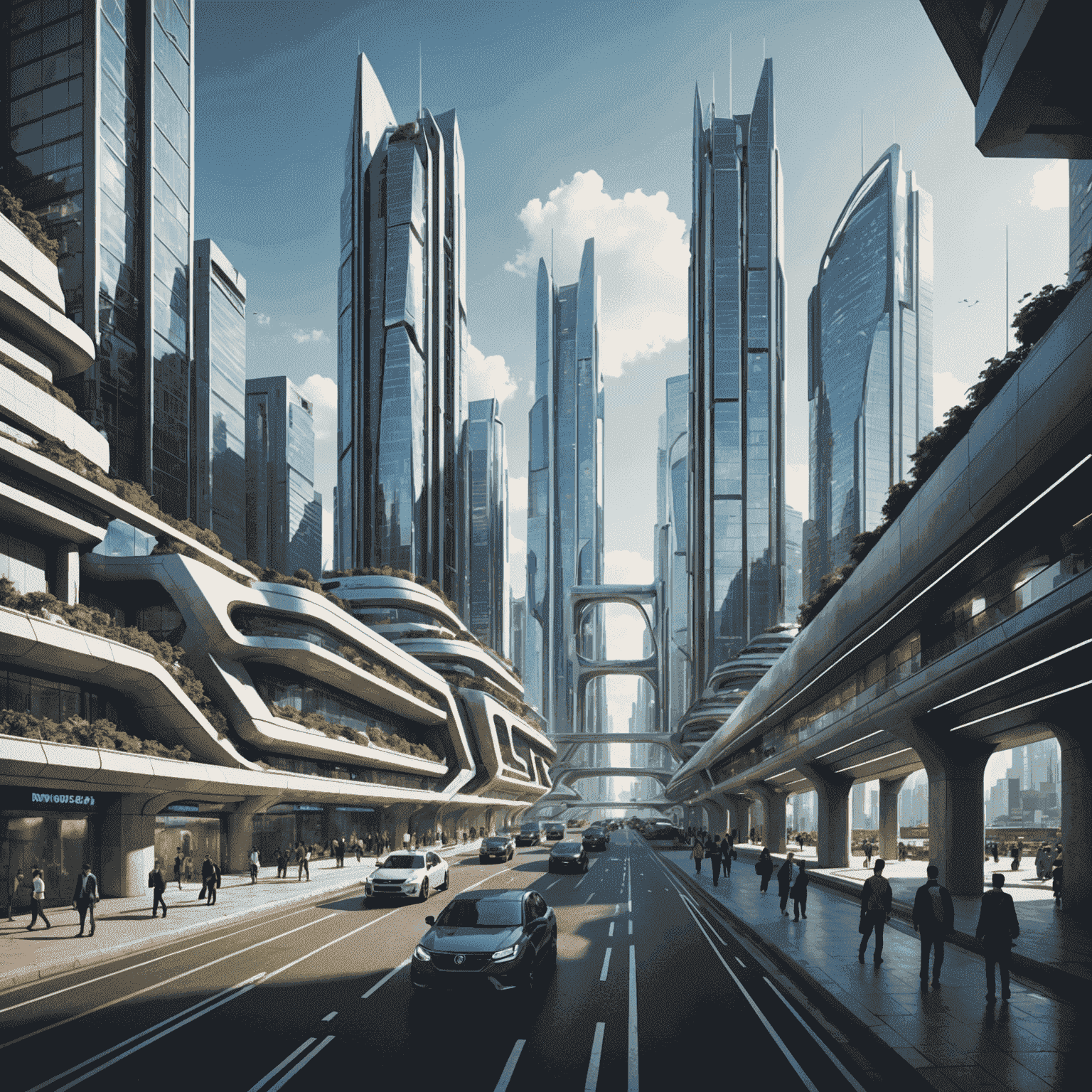 A futuristic cityscape with advanced technology integrated into buildings and infrastructure