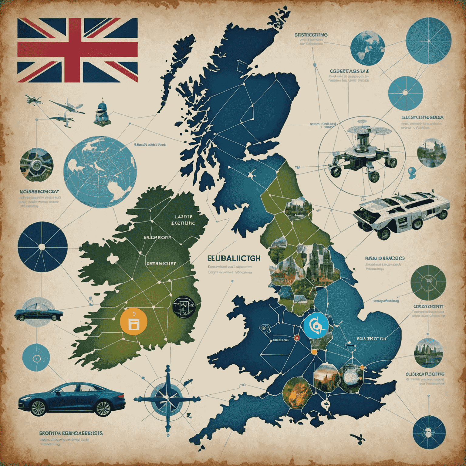 Collage of various emerging technologies like AI, robotics, blockchain, and IoT, overlaid on a map of the United Kingdom, representing their potential impact on the nation's economy