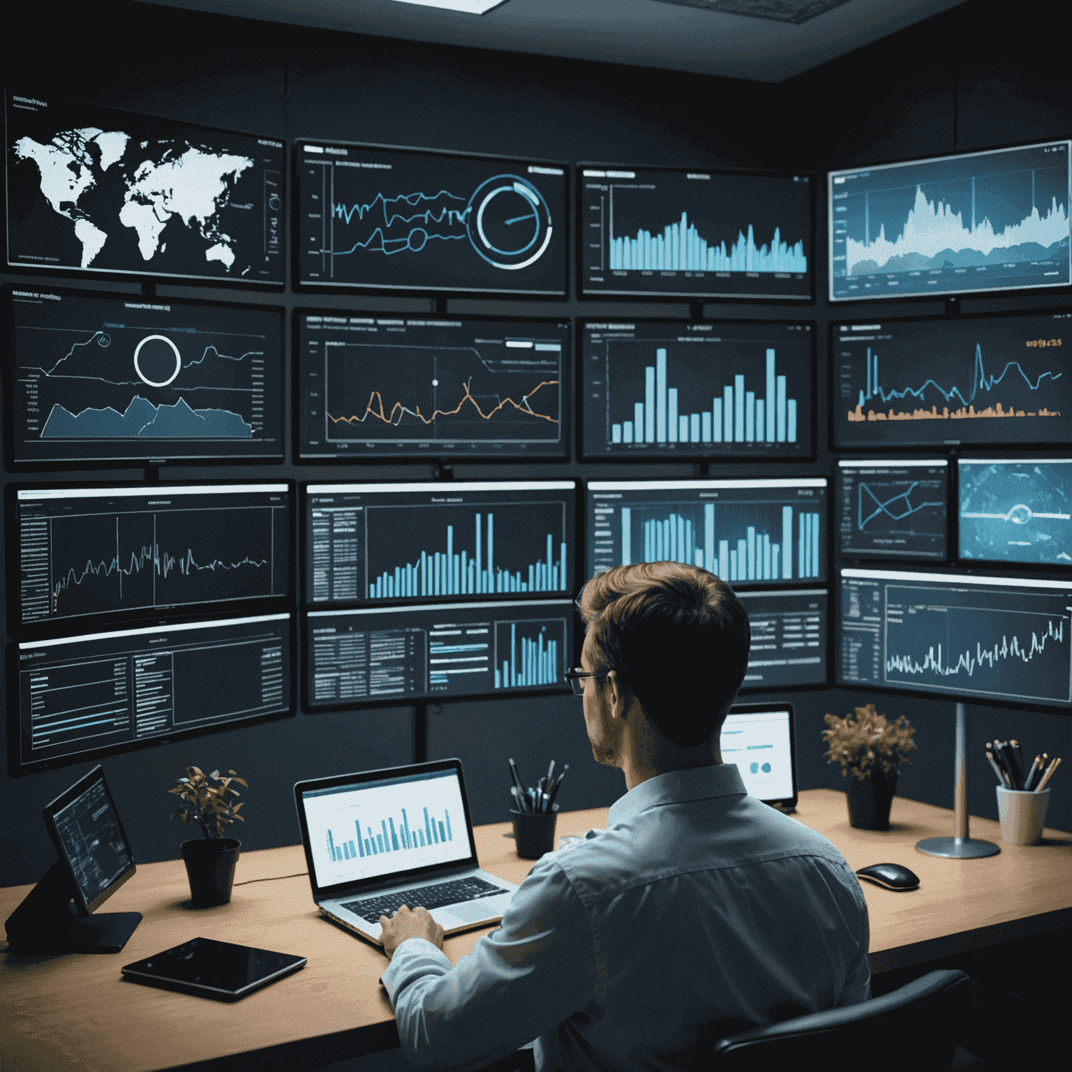 A person analyzing data on multiple screens, representing the process of effectively monitoring and adapting to changing technology landscapes.